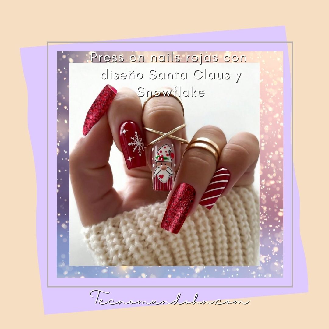 Press On Nails Rojas Con Diseño Santa Claus Y Snowflake