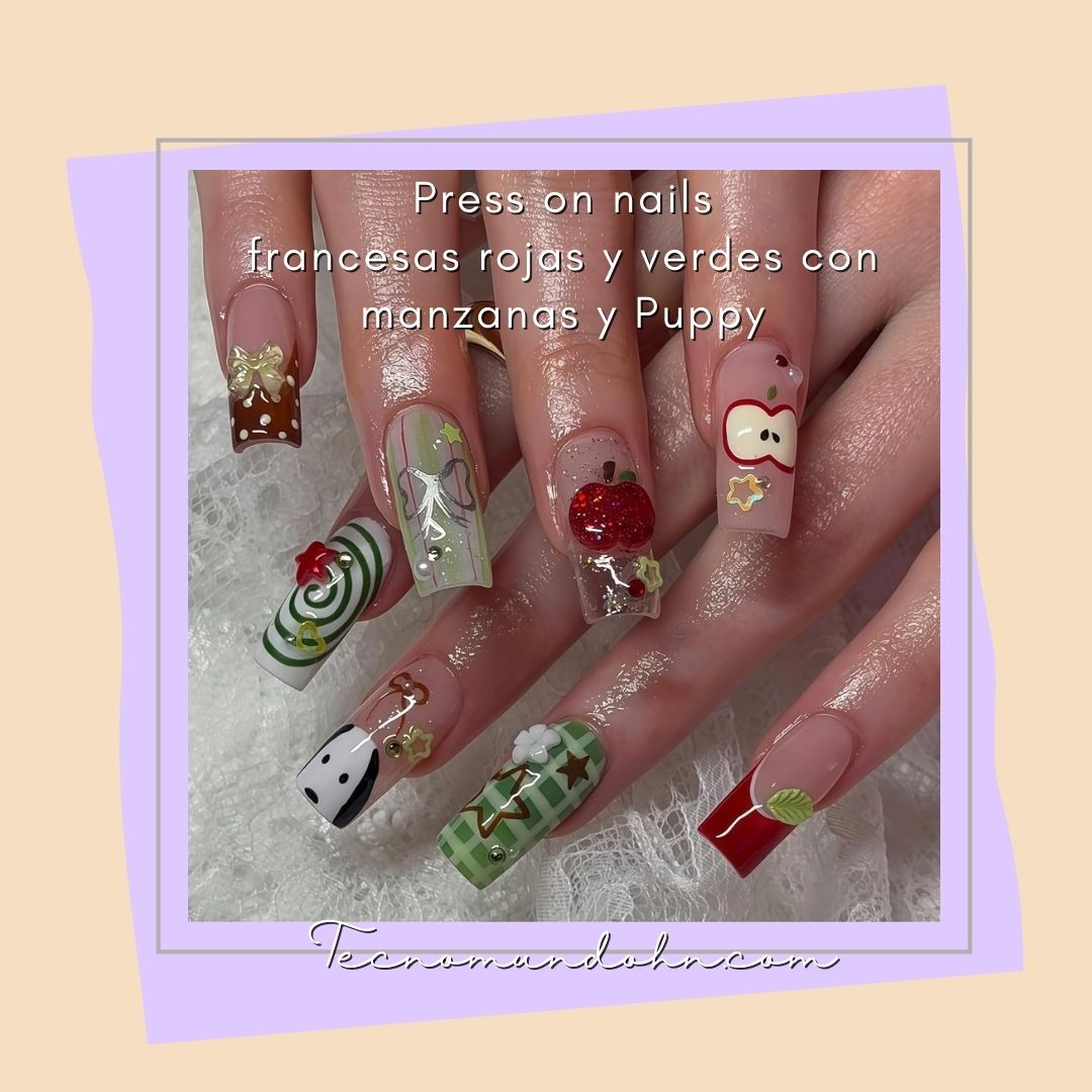 Press On Nails Francesas Rojas Y Verdes Con Manzanas Y Puppy
