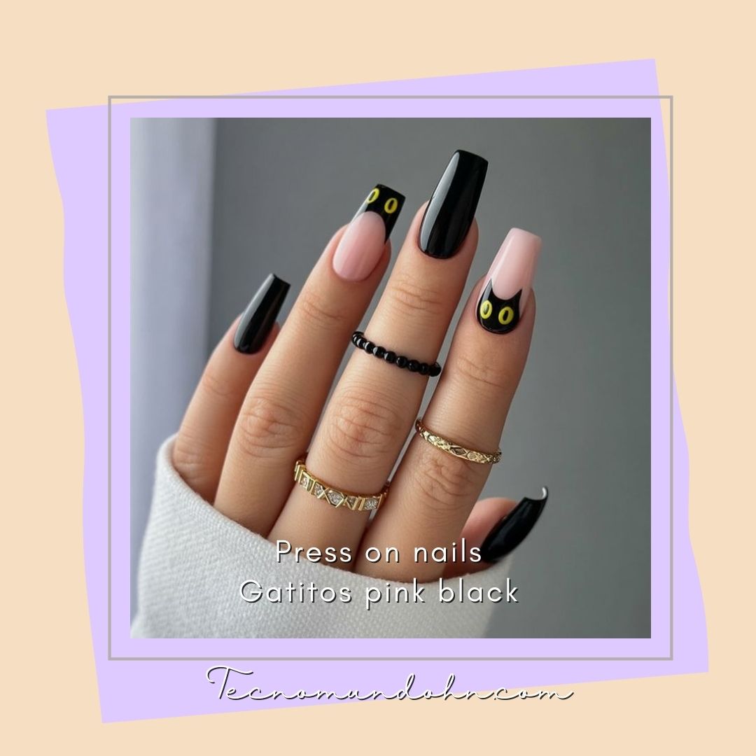 Press On Nails Gatitos Pink Black