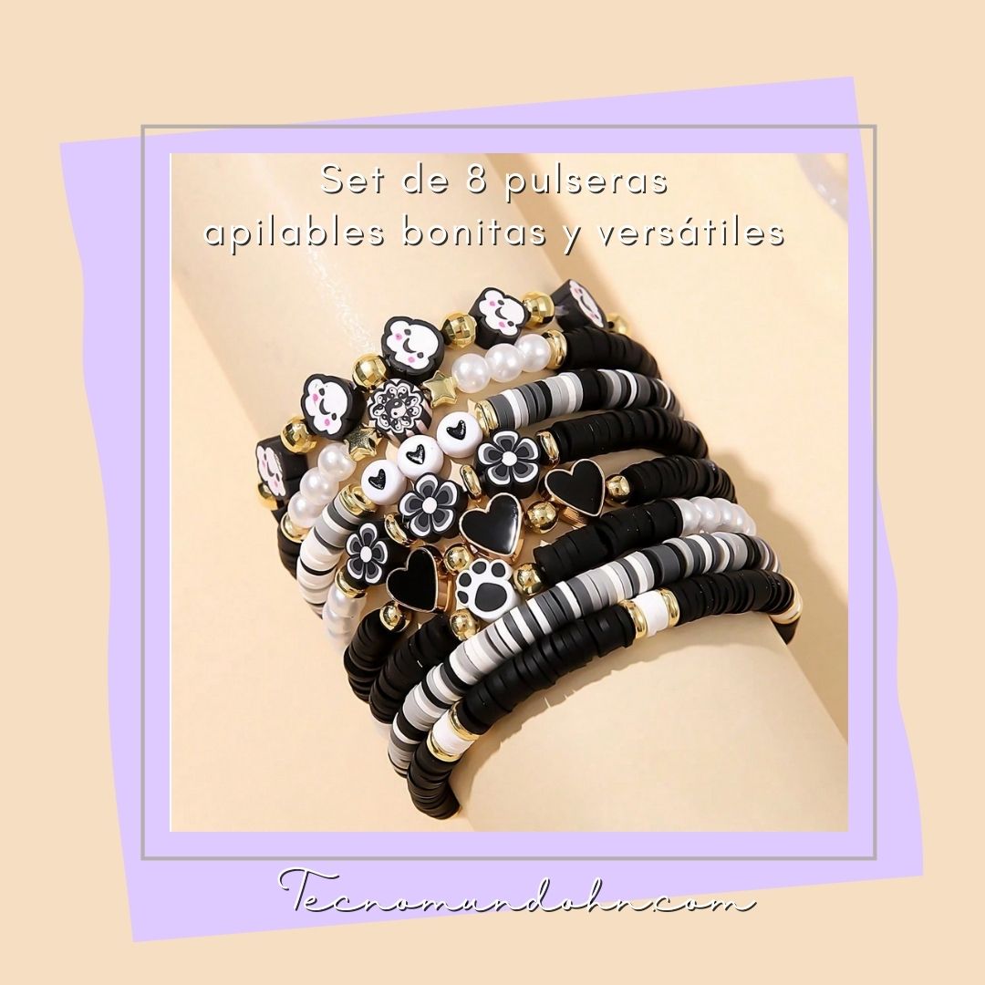 Set De 8 Pulseras Apilables Bonitas Y Versátiles