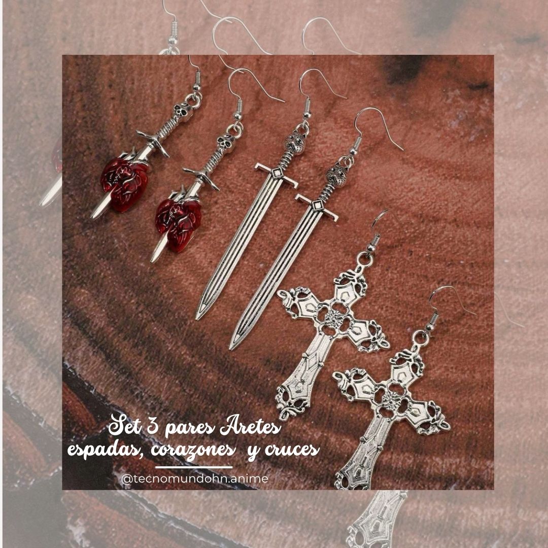 Set 3 Pares Aretes Espadas, Corazones Y Cruces