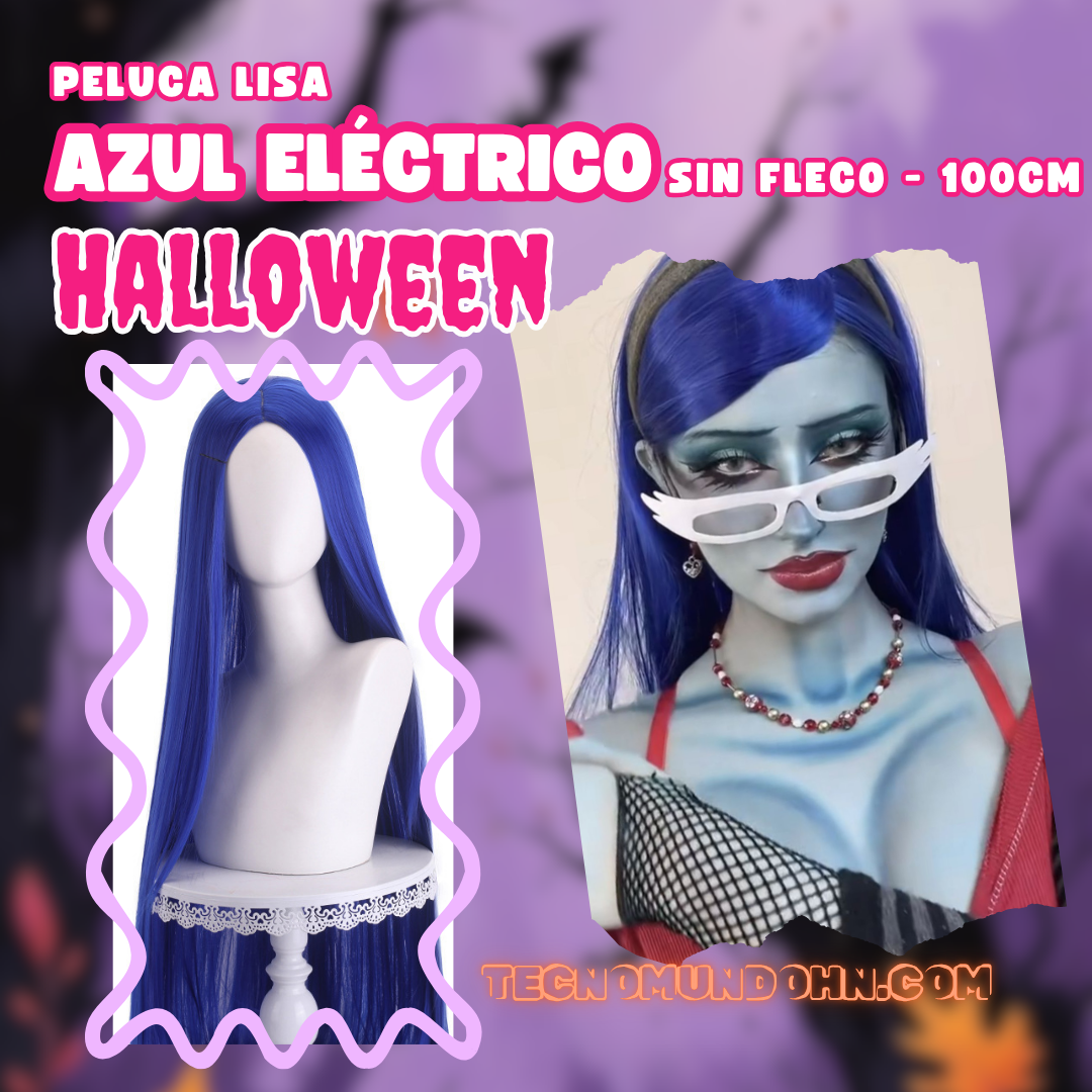 Peluca Lisa Azul Eléctrico Sin Fleco 100Cm