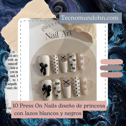10 Press On Nails Diseño De Princesa Con Lazos Blancos Y Negros