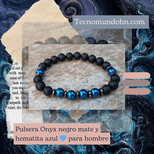Pulsera Onyx Negro Mate Y Hematita Azul Para Hombre