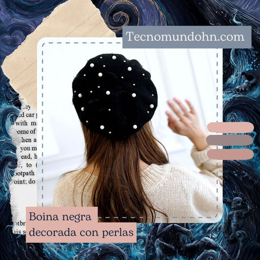 Boina Negra Decorada Con Perlas