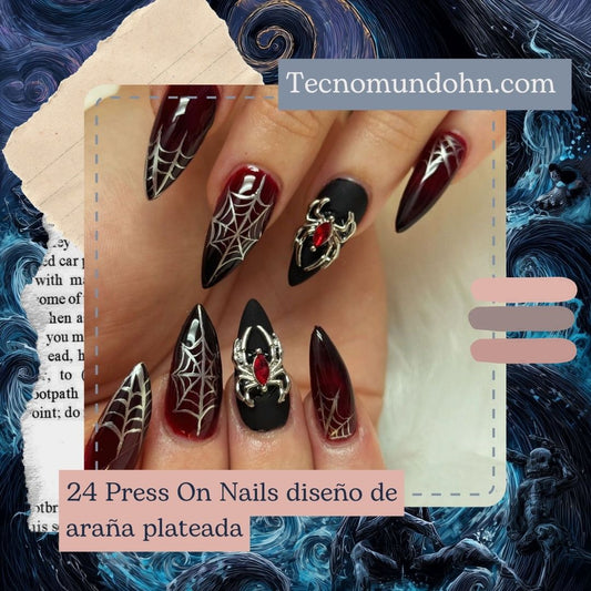 24 Press On Nails Diseño De Araña Plateada