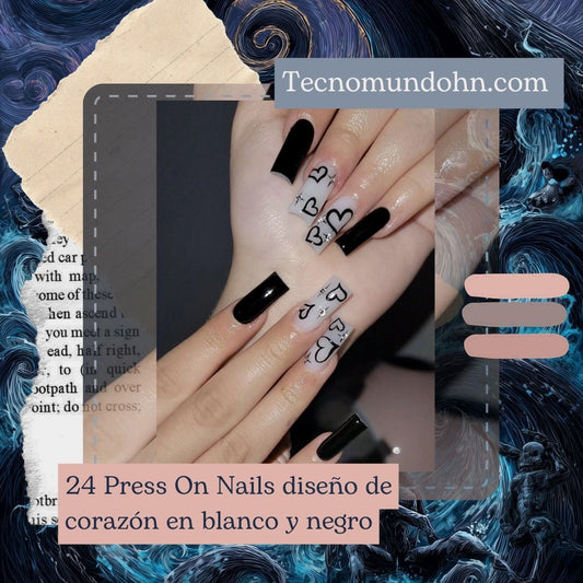 24 Press On Nails Diseño De Corazón En Blanco Y Negro