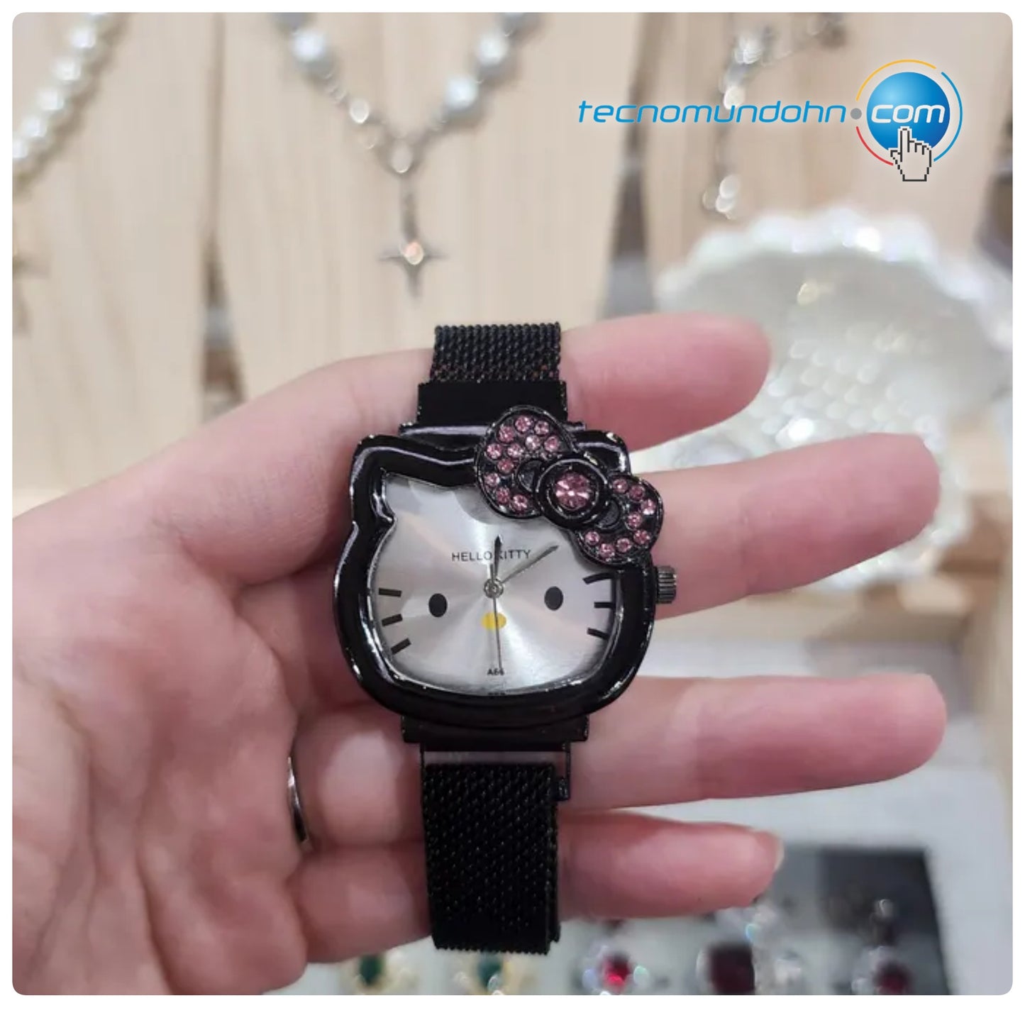 Reloj Negro Con Correa Magnética Hello Kitty