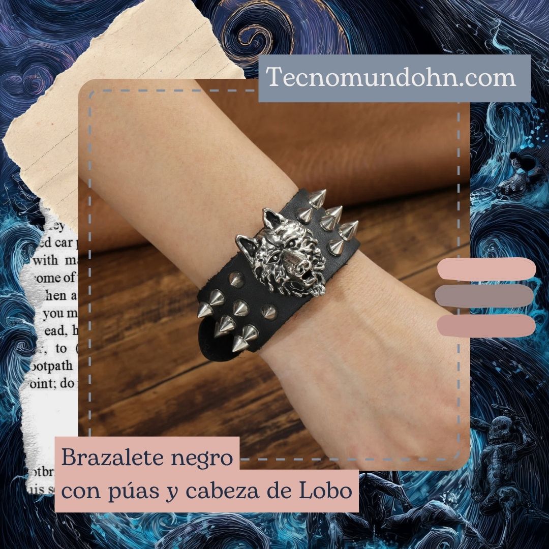 Brazalete Negro Con Púas Y Cabeza De Lobo
