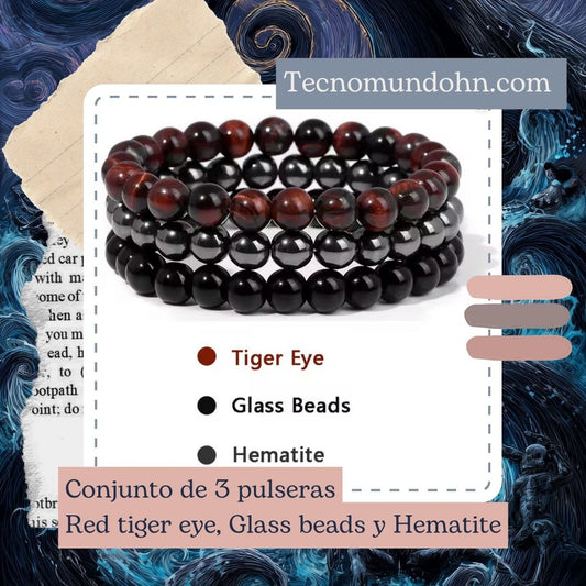 Conjunto De 3 Pulseras Red Tiger Eye, Glass Beads Y Hematite