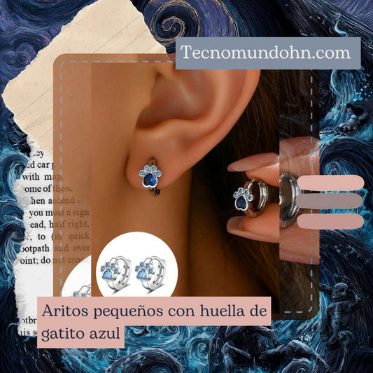 Aritos Pequeños Con Huella De Gatito Azul