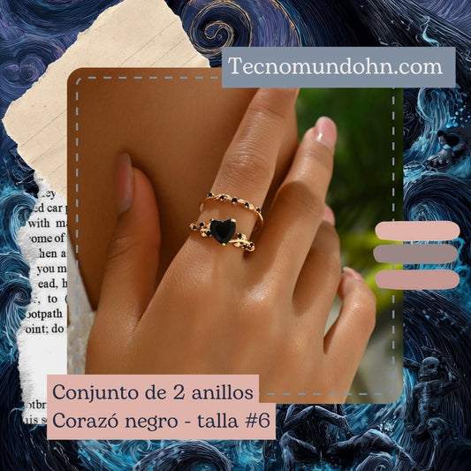 Conjunto De 2 Anillos Corazó Negro - Talla #6