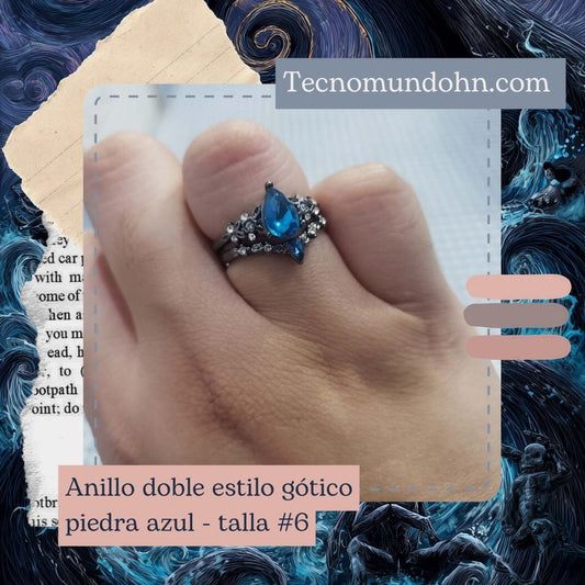 Anillo Doble Estilo Gótico Piedra Azul Talla #6