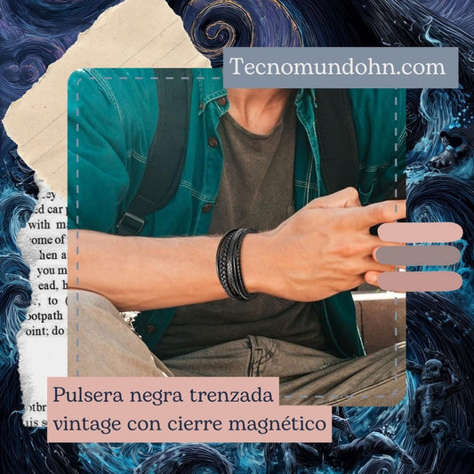 Pulsera Negra Trenzada Vintage Con Cierre Magnético