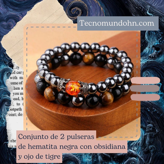 Conjunto De 2 Pulseras De Hematita Negra Con Obsidiana Y Ojo De Tigre