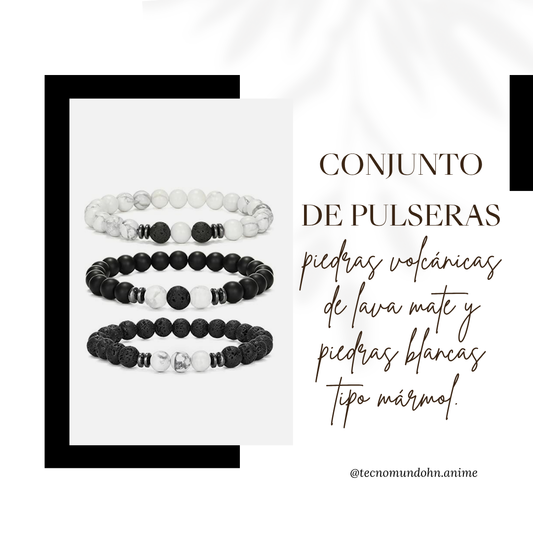 Conjunto De Pulseras Piedras Volcanicas Mate Y Piedras Blancas
