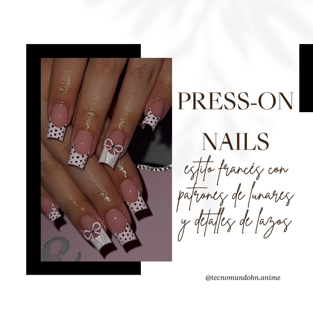 Press On Nails Estilo Frances Con Lunares Y Lazos