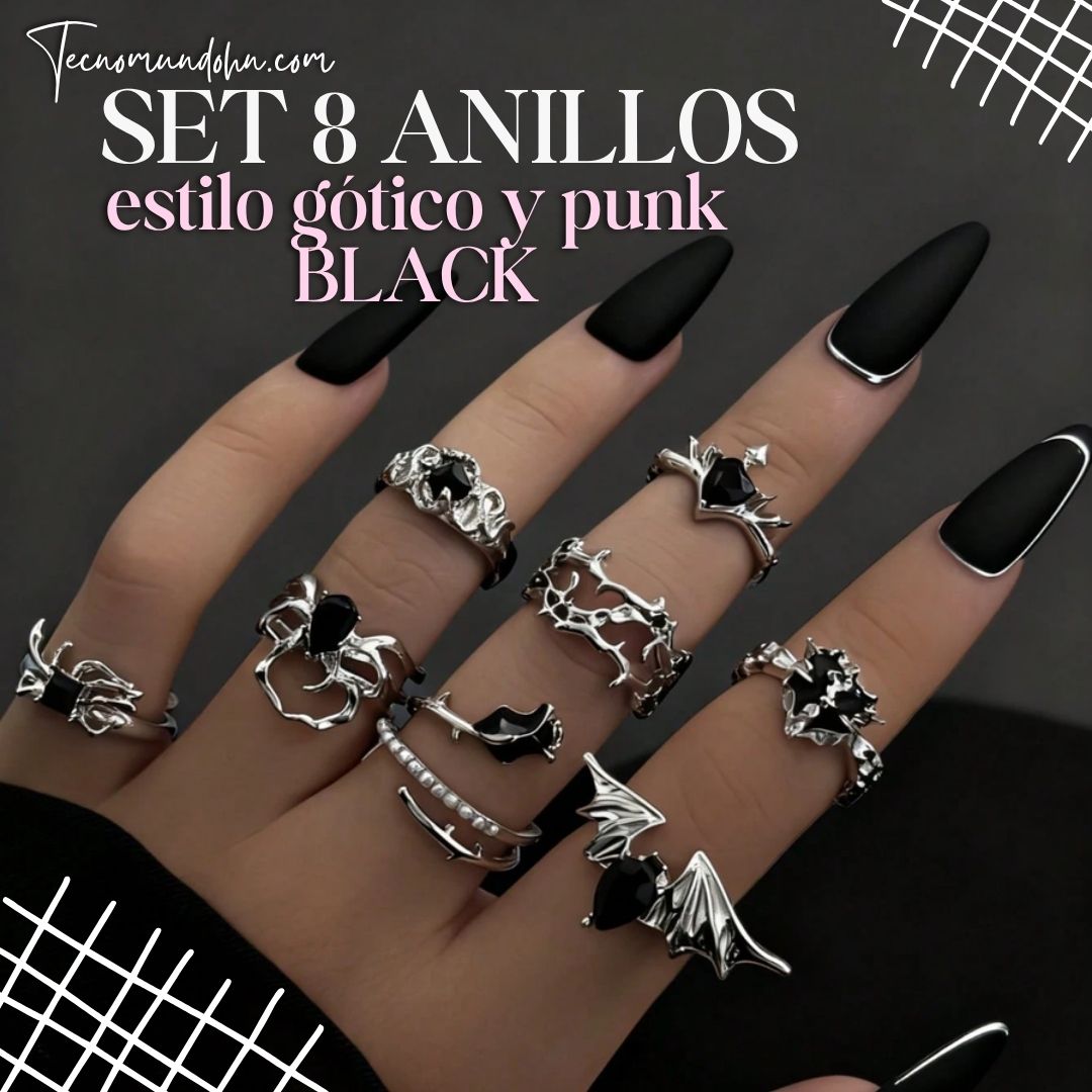 Set 8 Anillos Estilo Gótico Y Punk Black