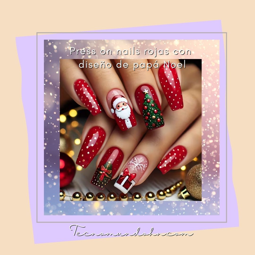 Press On Nails Rojas Con Diseño De Papá Noel