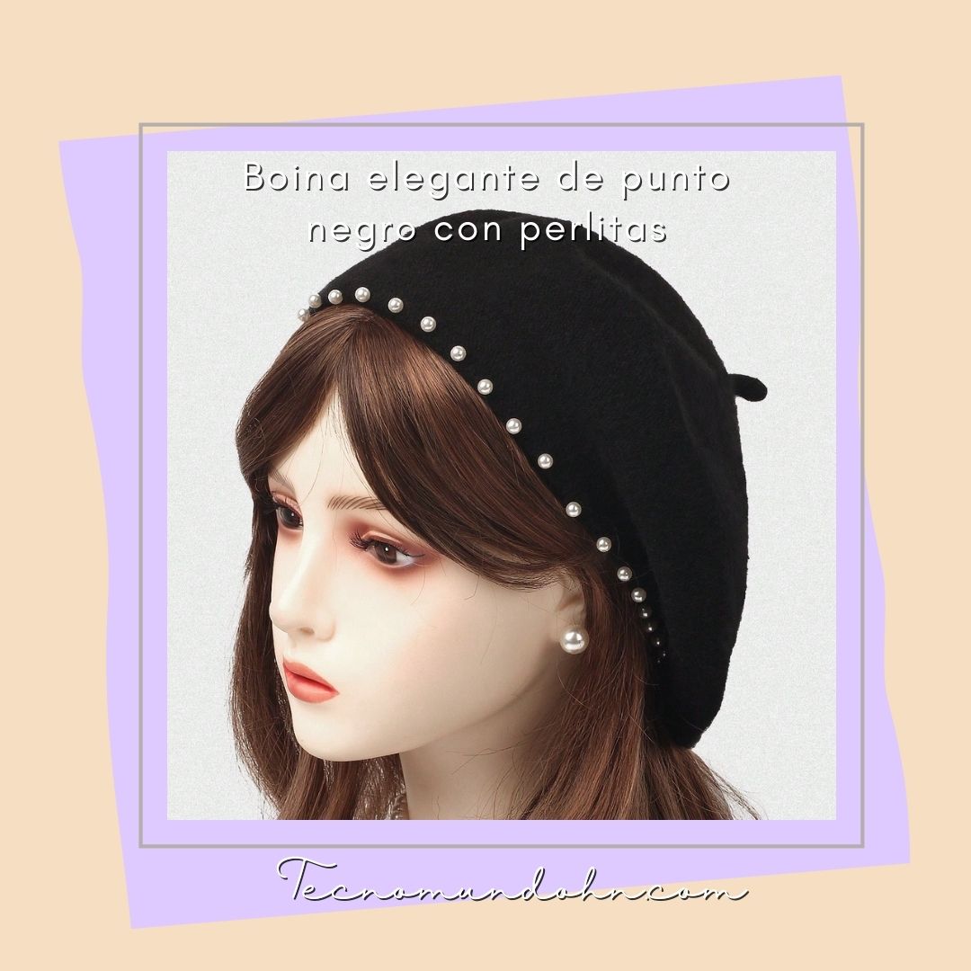 Boina Elegante De Punto Negro Con Perlitas