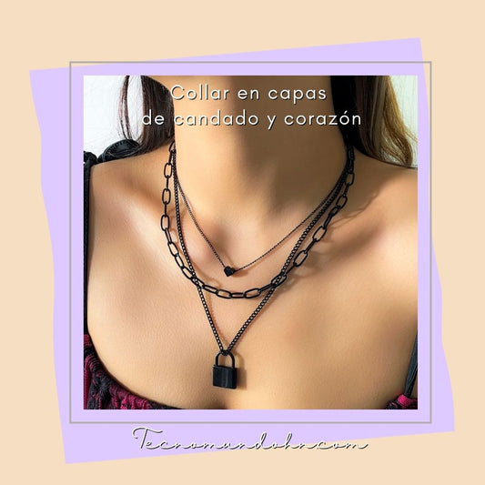 Collar En Capas De Candado Y Corazón