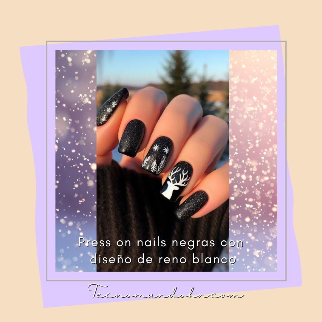 Press On Nails Negras Con Diseño De Reno Blanco
