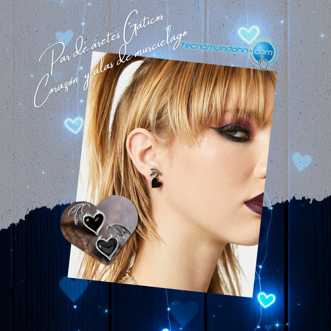 Par De Aretes Gáticos Corazón  Y Alas De Murcielago