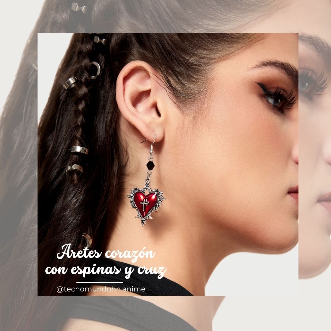 Aretes Corazón Con Espinas Y Cruz
