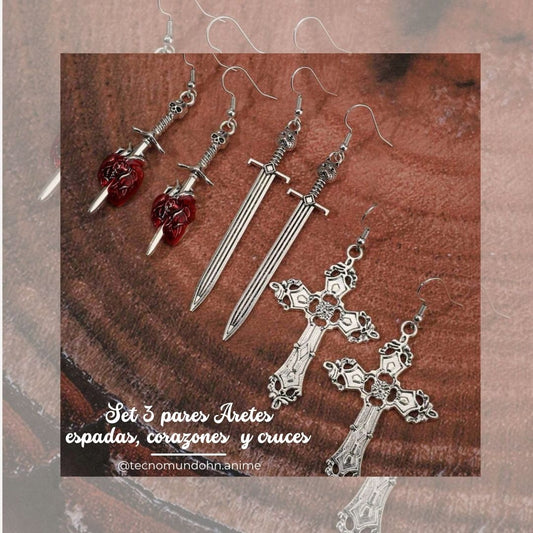 Set 3 Pares Aretes Espadas, Corazones Y Cruces