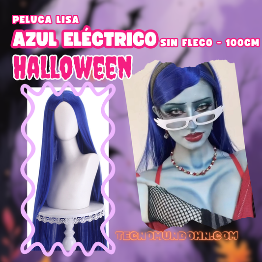 Peluca Lisa Azul Eléctrico Sin Fleco 100Cm