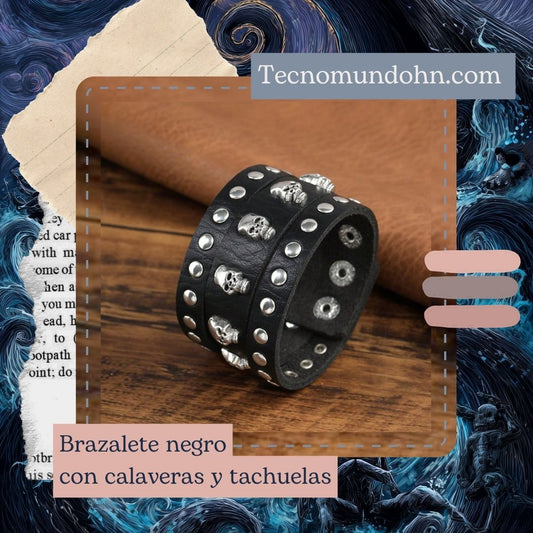 Brazalete Negro Con Calaveras Y Tachuelas
