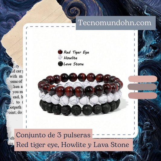 Conjunto De 3 Pulseras Red Tiger Eye, Howlite Y Lava Stone