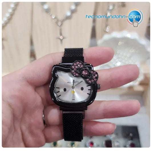 Reloj  Negro Con Correa Magnética Hello Kitty