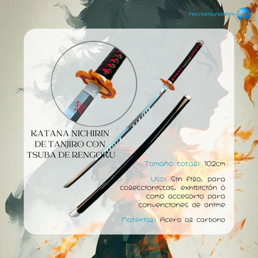 Katana Nichirin Tanjiro Con Tsuba De Rengoku  - Acero Al Carbono 102Cm | Demon Slayer