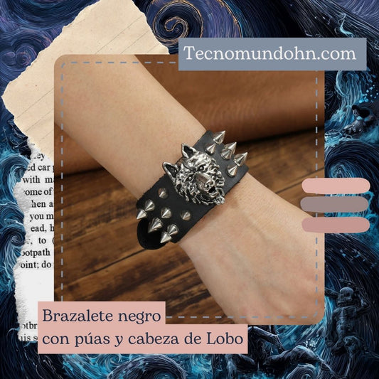 Brazalete Negro Con Púas Y Cabeza De Lobo