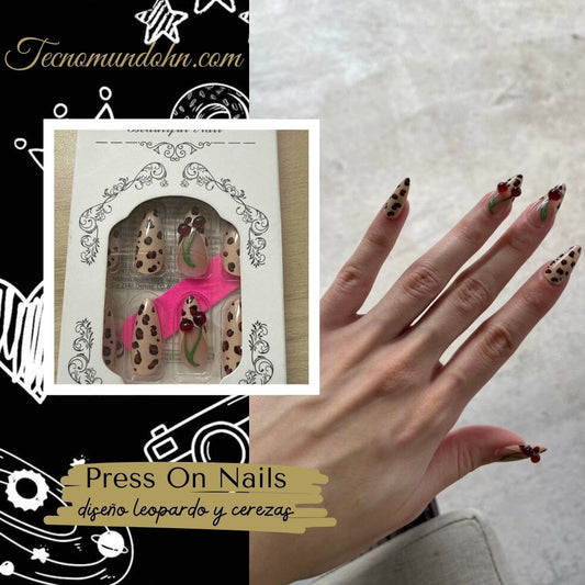 Uñas Postizas Estampado De Leopardo Y Cerezas