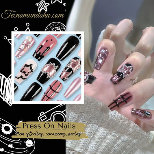 Uñas Postizas Con Estrellas, Corazones Y Perlas