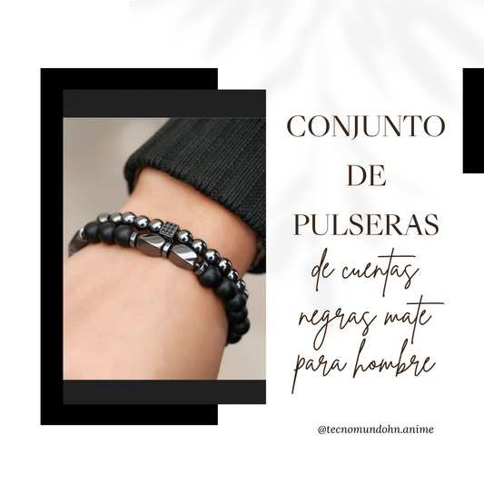 Conjunto De Pulseras De Cuentas Negras Mate Para Hombre
