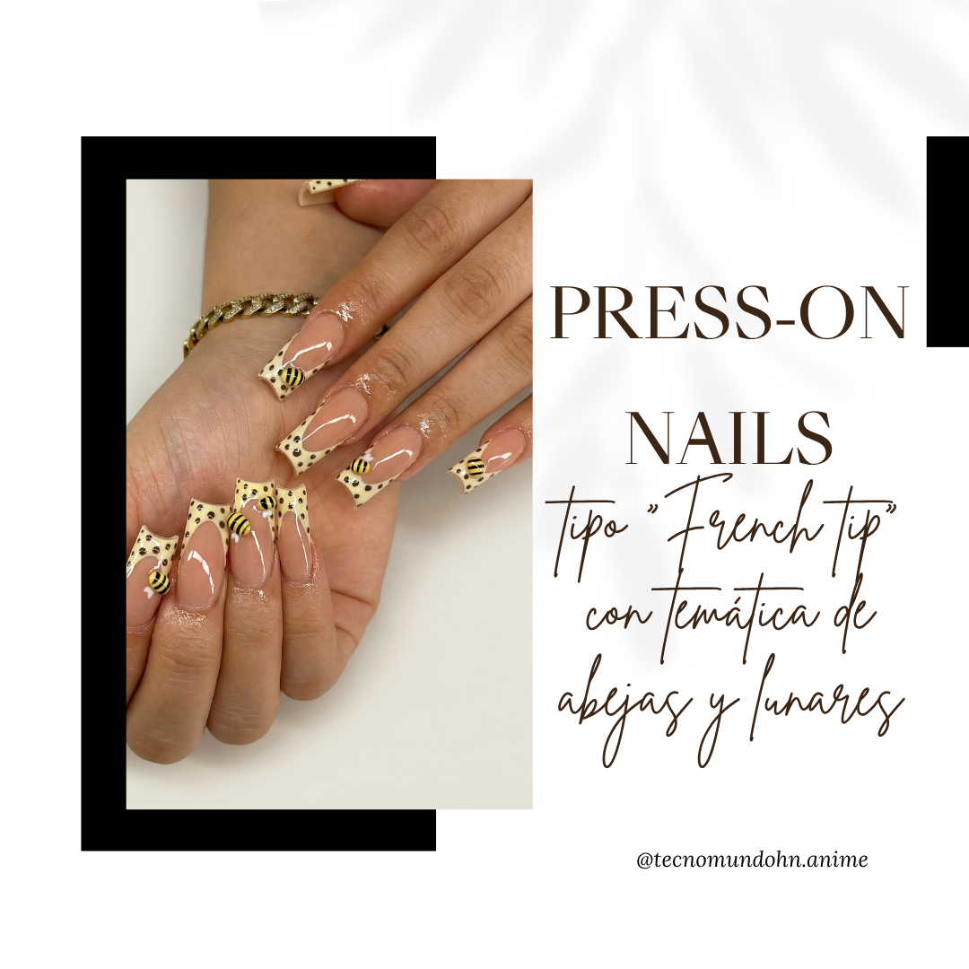 Press On Nails Tipo "French Tip" Abejas Y Lunares