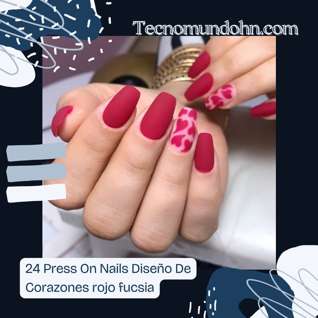 24 Press On Nails Diseño De Corazones Rojo Fucsia