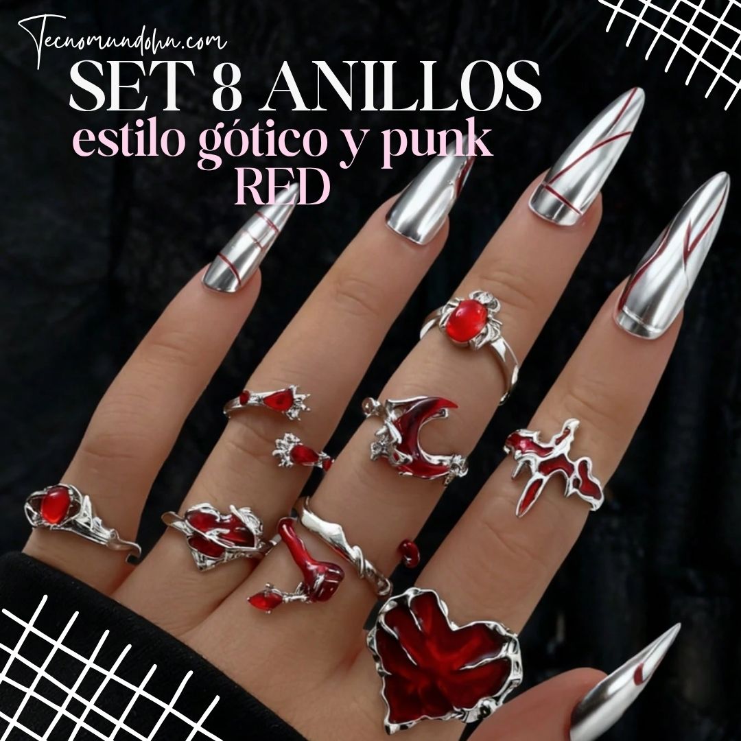 Set 8 Anillos Estilo Gótico Y Punk Red