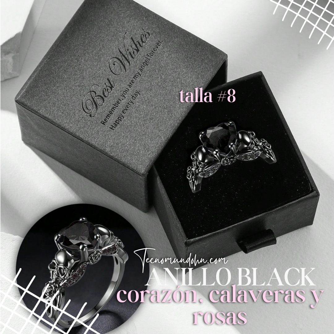 Anillo Black Corazón, Calavera Y Rosas