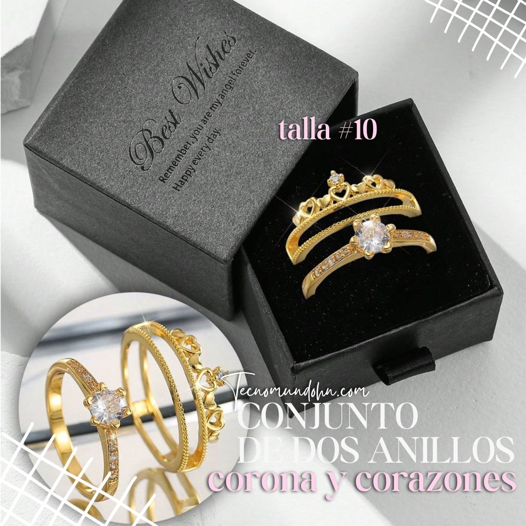Conjunto De Dos Anillos Corona Y Corazones