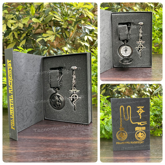 Set (A) Reloj De Bolsillo Fullmetal Alchemist Anillo + Collar